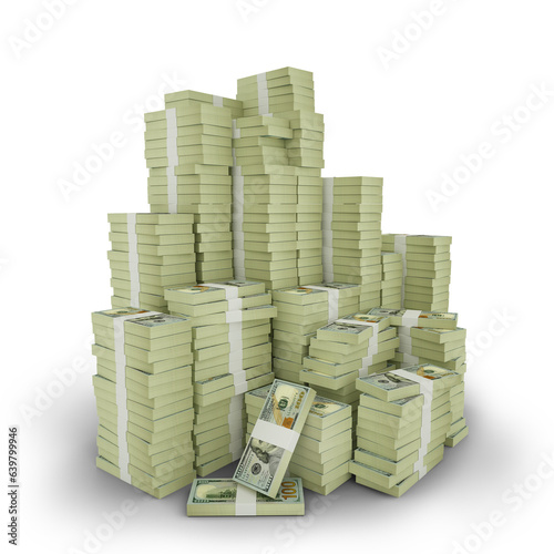 Big stacks of US dollar notes. A lot of money isolated on transparent background. 3d rendering of bundles of arranged cash, unted states dollars