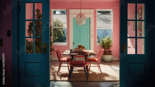 a dining room with pink walls and blue chairs in front of a white door that leads to an outside patio.