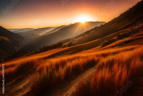 Sunset Serenity in the Valley, a tranquil scene of a valley bathed in the warm hues of a breathtaking sunset