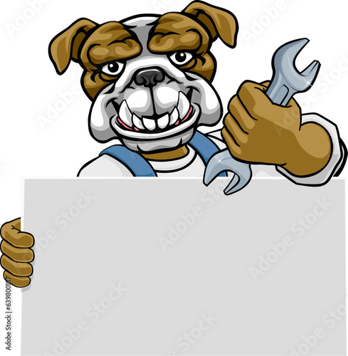 A bulldog handyman, mechanic, plumber or other construction cartoon mascot man holding a wrench or spanner tool.