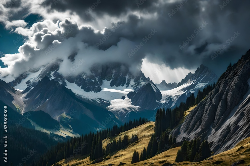 scene of alpine, mountain peaks peaks shrouded in storm clouds, emphasizing their raw and dramatic nature