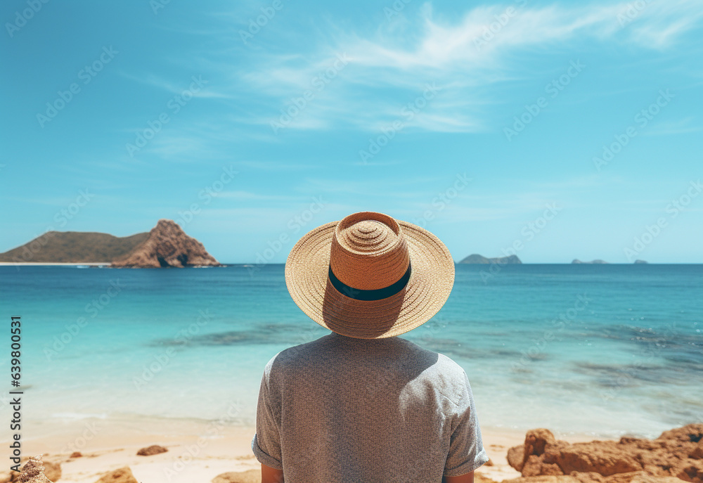 Ai generative back view young tourist man in summer dress and hat standing on beautiful sandy beach. enjoying.