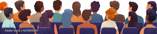 An audience of people at a presentation or in front of theater cinema movie screen or theatre stage