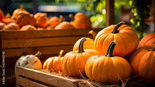 pumpkins in a basket in the counter of a blurred backround of a street market