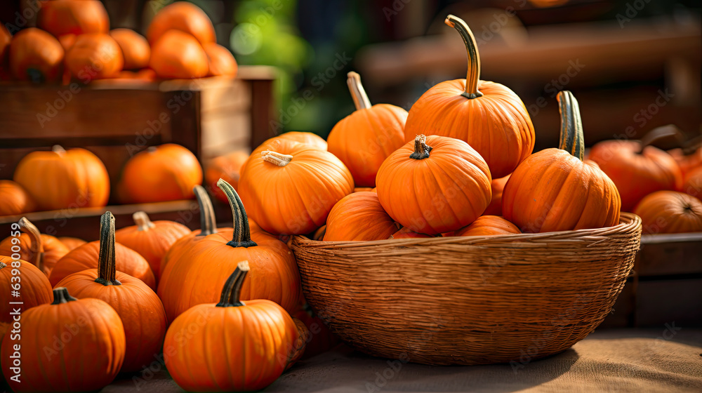 pumpkins in a basket in the counter of a blurred backround of a street market pumpkins in a basket in the counter of a blurred backround of a street market