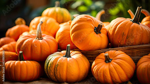 pumpkins in a basket in the counter of a blurred backround of a street market