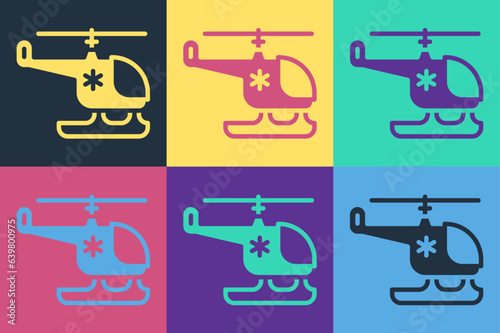 Pop art Rescue helicopter icon isolated on color background. Ambulance helicopter. Vector