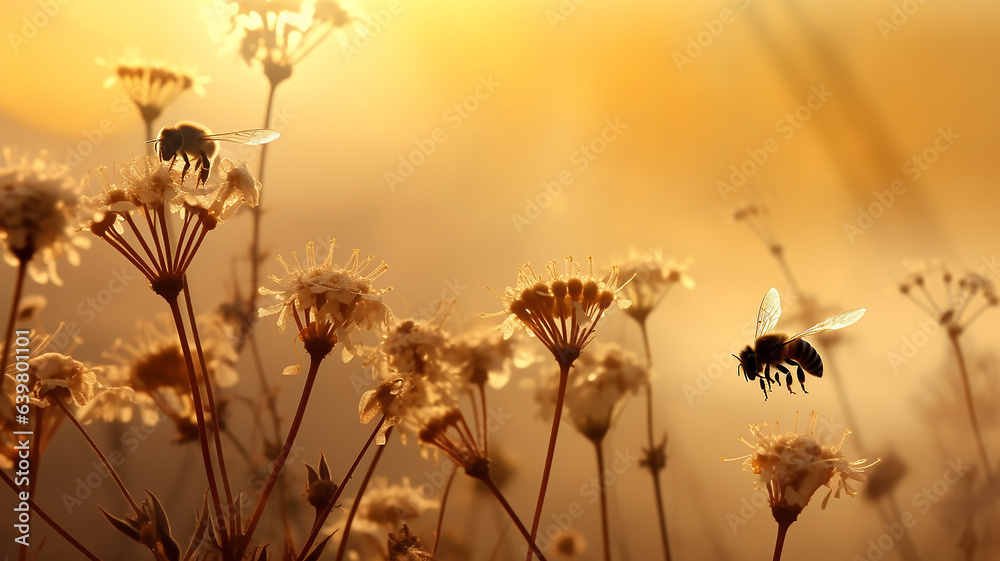 Obraz premium bees pollinate flowers in the morning fog of the last days of summer, landscape, silence and beauty of wildlife in early autumn