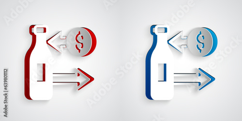 Paper cut Reception and sale of glass bottles icon isolated on grey background. Paper art style. Vector