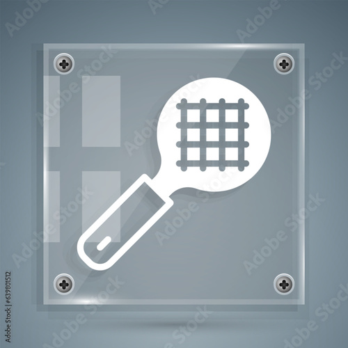 White Tea strainer with handle icon isolated on grey background. Metal sieve. Square glass panels. Vector