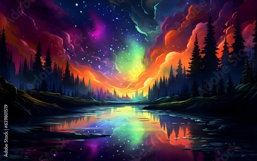 Abstract neon landscape with glowing mountains, river and forest, against a dark starry sky