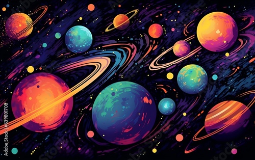 Colorful abstract galaxy background with glowing stars and planets