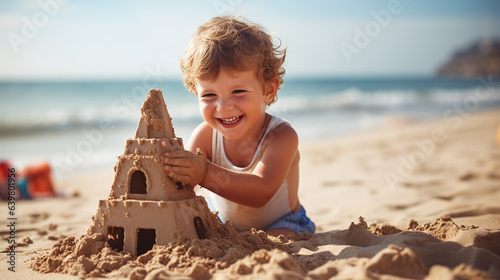 Wallpaper Mural Cute and happy little boy making a sand castle by the beach. Torontodigital.ca