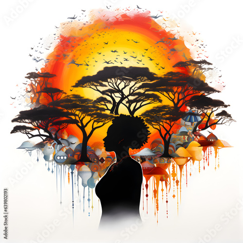 Illustration of a young African girl immersed in the beauty of her homeland, Africa, reflecting her cultural identity and connection to the continent's rich heritage