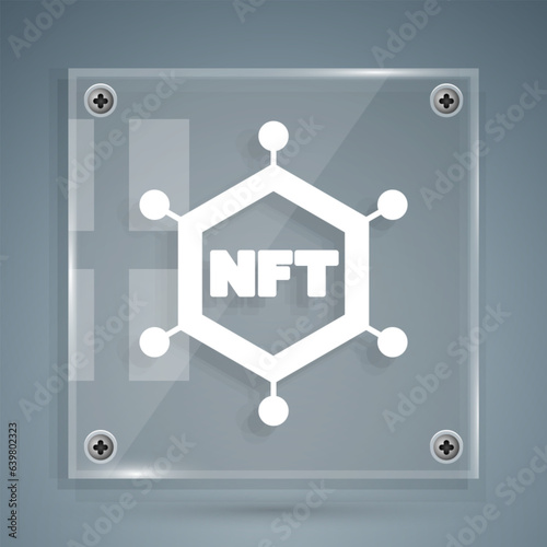 White NFT blockchain technology icon isolated on grey background. Non fungible token. Digital crypto art concept. Square glass panels. Vector