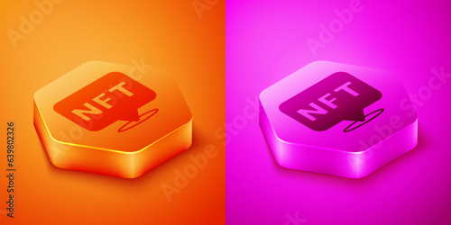 Isometric NFT Digital crypto art icon isolated on orange and pink background. Non fungible token. Hexagon button. Vector