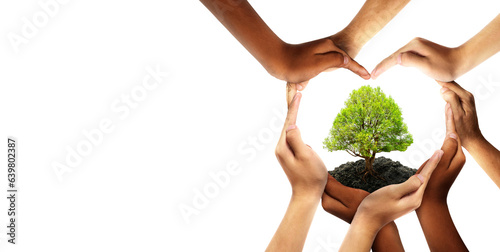 Earth day and earth day as group of diverse people joining to form heart hands connected together protecting the environment and promoting conservation and climate change issues as an image. PNG file.