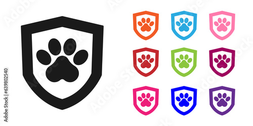 Black Animal health insurance icon isolated on white background. Pet protection concept. Dog or cat paw print. Set icons colorful. Vector
