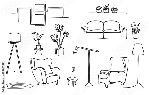 Cozy living room in boho style. indoor furniture. Hand drawn doodle linear sketch of the interior in a modern style. 