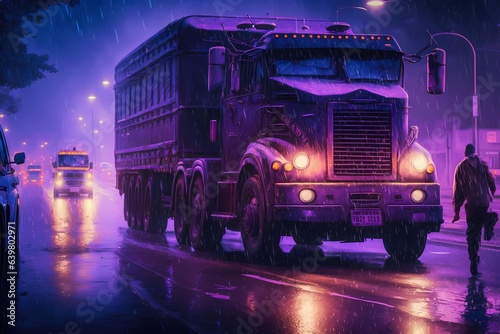 Truck driving through the city, Violet Vibe, illustration, Landscape photo