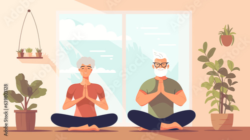 copy space, vector illustration, flat 2D illustration, elderly people doing yoga, eldery people sitting down on the Floor, yoga session. Mental healthcare. Preventative healthcare and active lifestyle