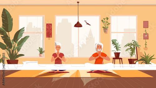 copy space, vector illustration, flat 2D illustration, elderly people doing yoga, eldery people sitting down on the Floor, yoga session. Mental healthcare. Preventative healthcare and active lifestyle
