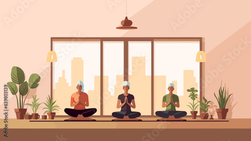 copy space, vector illustration, flat 2D illustration, elderly people doing yoga, eldery people sitting down on the Floor, yoga session. Mental healthcare. Preventative healthcare and active lifestyle