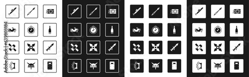 Set Dynamite and timer clock, Compass, Military jeep, Submarine, Bullet, Medieval spear, Rocket launcher and Satellite icon. Vector
