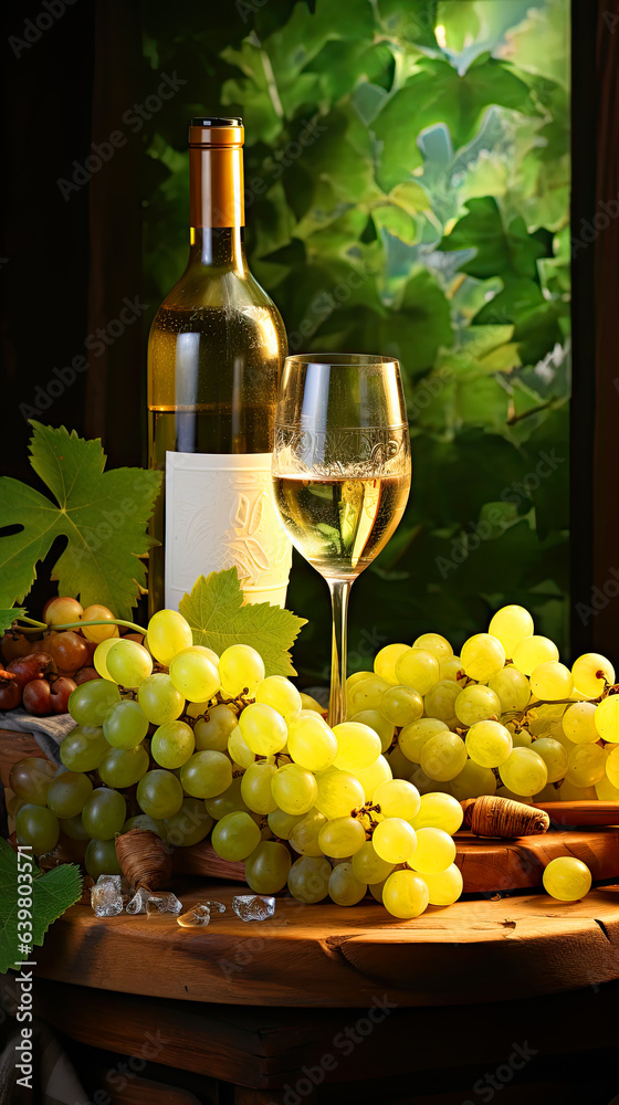 Bottles and wineglasses with grapes and barrel in green Toscana hills  scene background