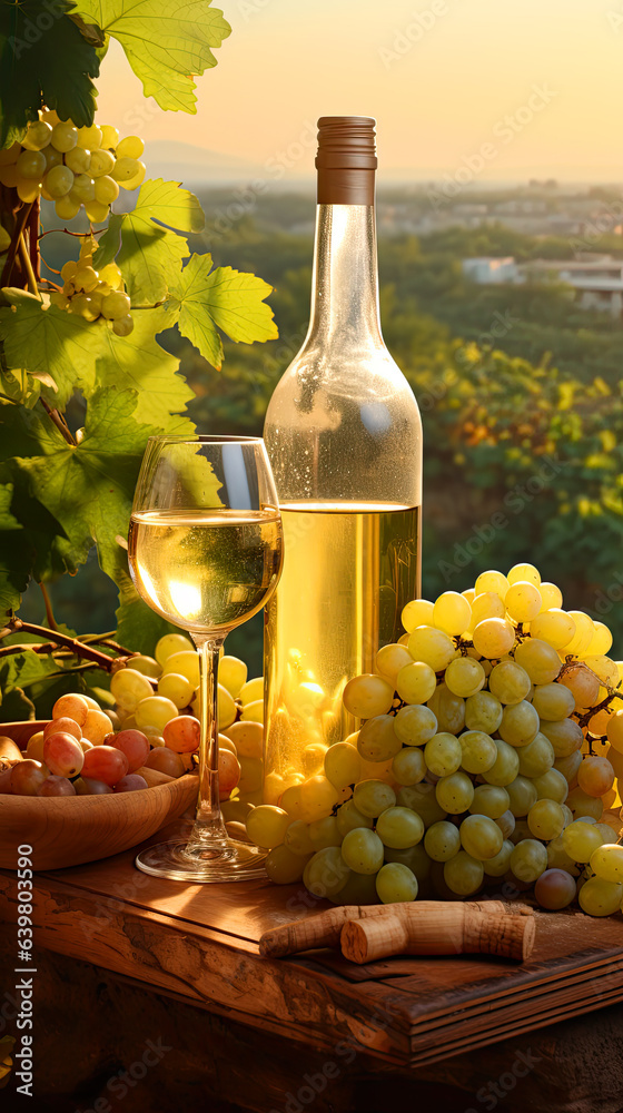 Fototapeta premium Bottles and wineglasses with grapes and barrel in green Toscana hills scene background