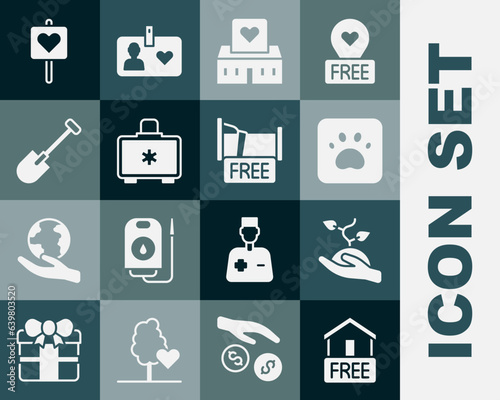 Set Free home delivery, Volunteer team planting trees, Paw print, center, First aid kit, Shovel, Location with heart and overnight stay house icon. Vector