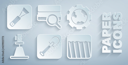 Set Shovel, Gear wheels and earth, Tacheometer, theodolite, Ground, Soil analysis and Paint brush icon. Vector