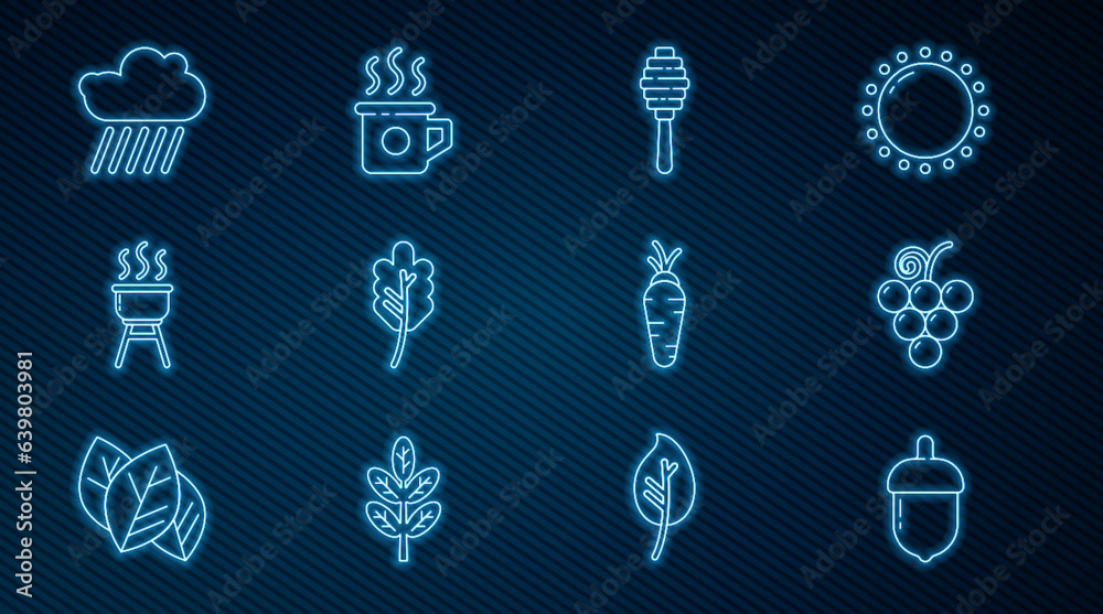 Set line Acorn, Grape fruit, Honey dipper stick, Leaf leaves, Barbecue grill, Cloud with rain, Carrot and Cup of tea icon. Vector Set line Acorn, Grape fruit, Honey dipper stick, Leaf leaves, Barbecue grill, Cloud with rain, Carrot and Cup of tea icon. Vector