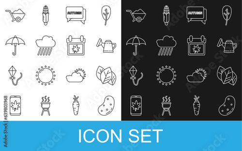 Set line Potato, Leaf or leaves, Watering can, Speech bubble with text autumn, Cloud rain, Umbrella, Wheelbarrow dirt and Calendar icon. Vector