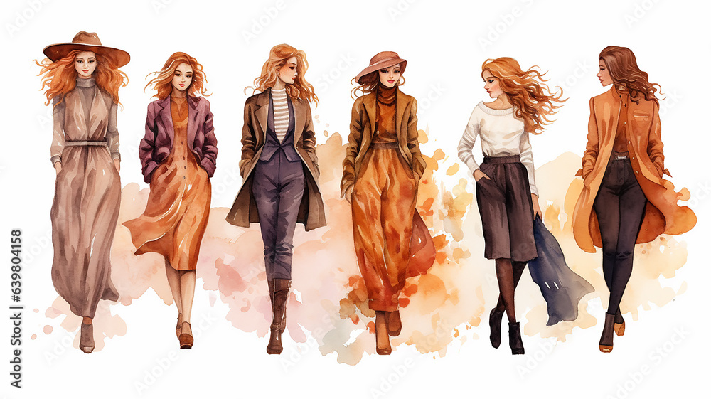 Fototapeta premium autumn fashion clothes, a group of models of girls, in october look, watercolor on a white background drawing, models in a row