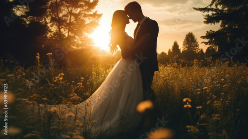 Beautiful bride and groom at sunset in green nature. photo