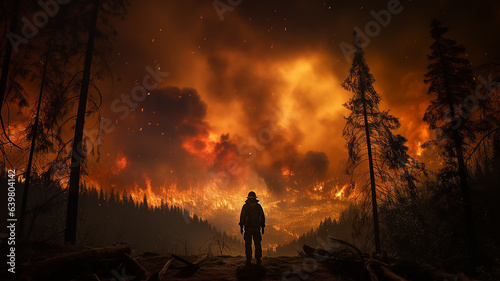 firefighter on the background of a forest fire view from the back © kichigin19