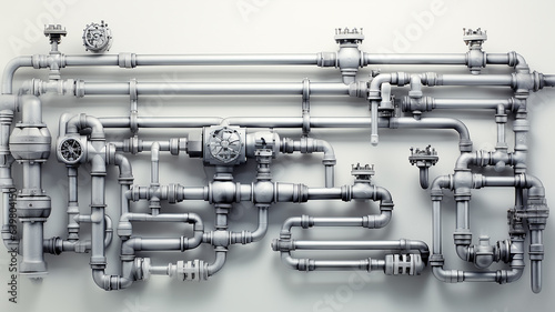 isolated on a white background is a wall with pipes, a water supply system, a complex supply system, a gas pipeline, a fuel pipeline, valves and switches © kichigin19