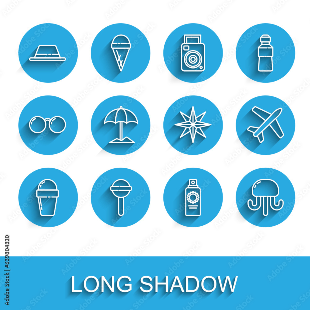 Set line Ice cream in waffle cone, Lollipop, Man hat with ribbon, Sunscreen spray bottle, Jellyfish, protective umbrella for beach, Plane and Wind rose icon. Vector Set line Ice cream in waffle cone, Lollipop, Man hat with ribbon, Sunscreen spray bottle, Jellyfish, protective umbrella for beach, Plane and Wind rose icon. Vector