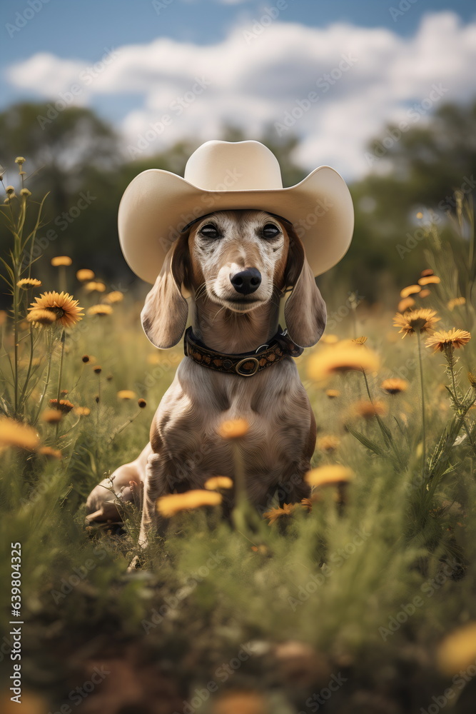old dapple dachshund dog wearing cowboy hat sitting in a flower field meadow - obrazy, fototapety, plakaty 