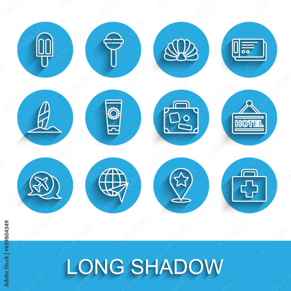 Set line Speech bubble with airplane, Globe flying, Ice cream, Map pointer star, First aid kit, Sunscreen tube, Signboard text Hotel and Suitcase icon. Vector Set line Speech bubble with airplane, Globe flying, Ice cream, Map pointer star, First aid kit, Sunscreen tube, Signboard text Hotel and Suitcase icon. Vector