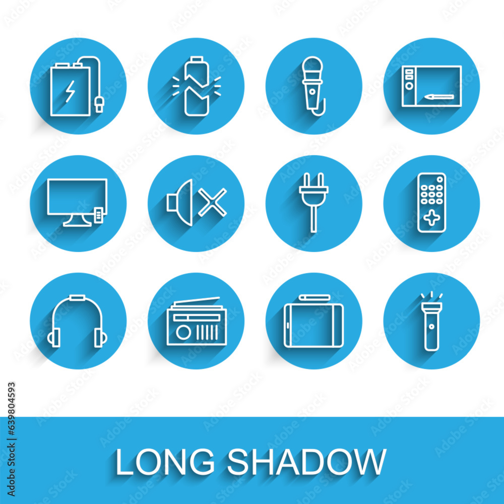 Set line Headphones, Radio with antenna, Power bank charge cable, Graphic tablet, Flashlight, Speaker mute, Remote control and Electric plug icon. Vector Set line Headphones, Radio with antenna, Power bank charge cable, Graphic tablet, Flashlight, Speaker mute, Remote control and Electric plug icon. Vector