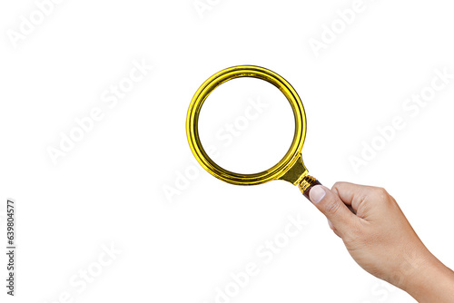 hand holding a vintage magnifying glass isolated on white background.PNG