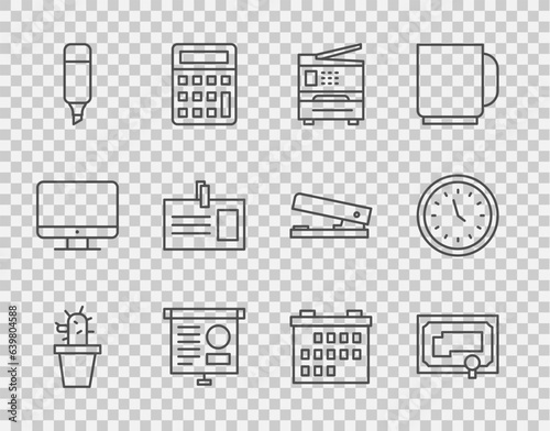 Set line Cactus and succulent in pot, Certificate template, Printer, Chalkboard with diagram, Marker pen, Identification badge, Calendar and Clock icon. Vector