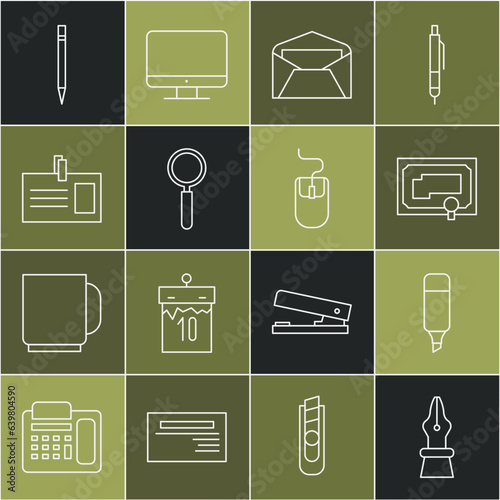 Set line Fountain pen nib, Marker, Certificate template, Envelope, Magnifying glass, Identification badge, Pencil with eraser and Computer mouse icon. Vector