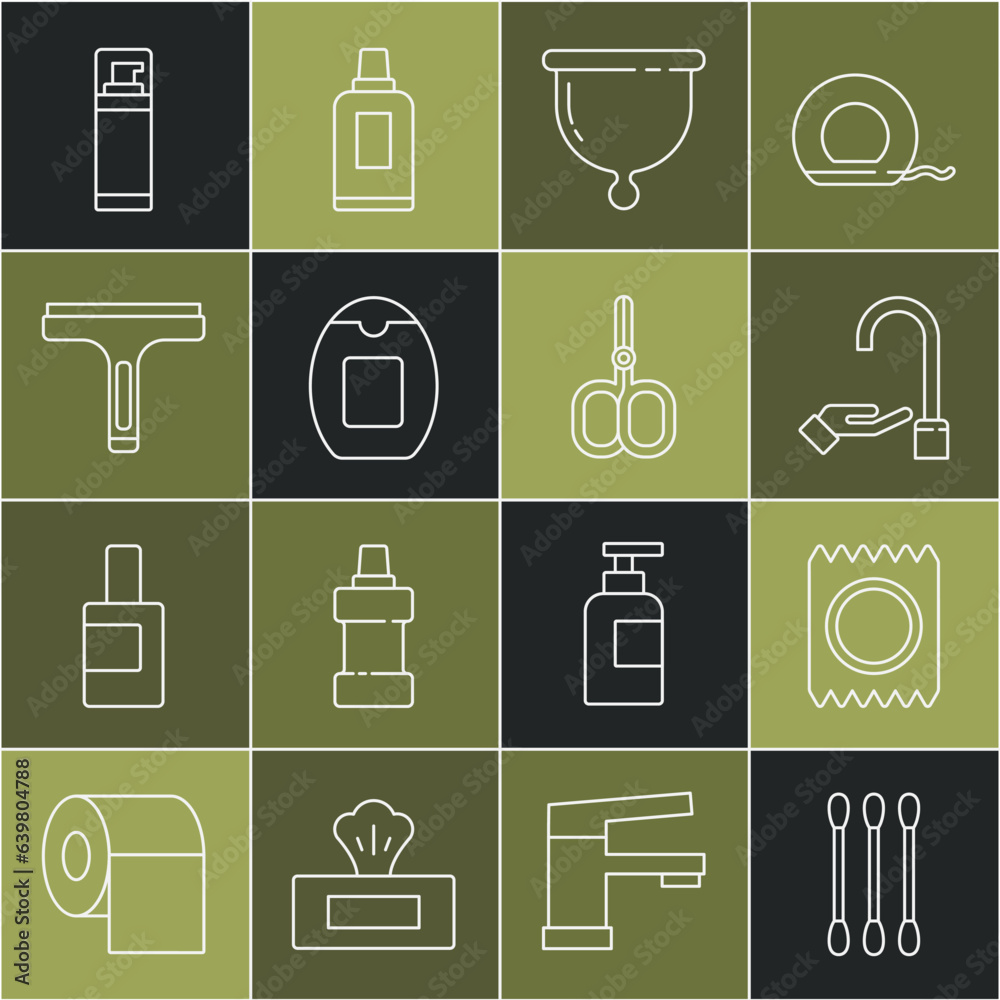 Set line Cotton swab for ears, Condom in package safe sex, Washing hands with soap, Menstrual cup, Bottle of shampoo, Rubber cleaner, Shaving gel foam and Nail scissors icon. Vector
