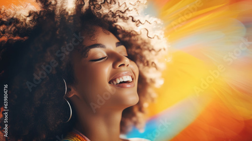 Beautiful woman with afro hair smiling on bright background, smiling portrait