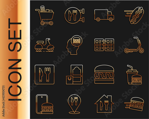 Set line Online ordering burger delivery, Paper glass and, Scooter, Fast by car, Shopping cart food and Restaurant cafe menu icon. Vector