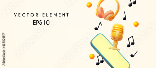 Music concept. Headphones. smartphone, music notes and retro vocal microphone.