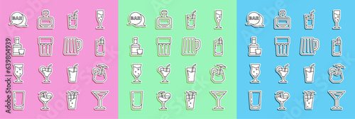 Set line Martini glass, Cocktail, Bloody Mary, Glass with water, Whiskey bottle and, Street signboard Bar and Wooden beer mug icon. Vector